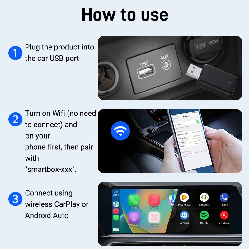 Wired to Wireless CarPlay and Android Auto 2 in 1 Mini Adapter