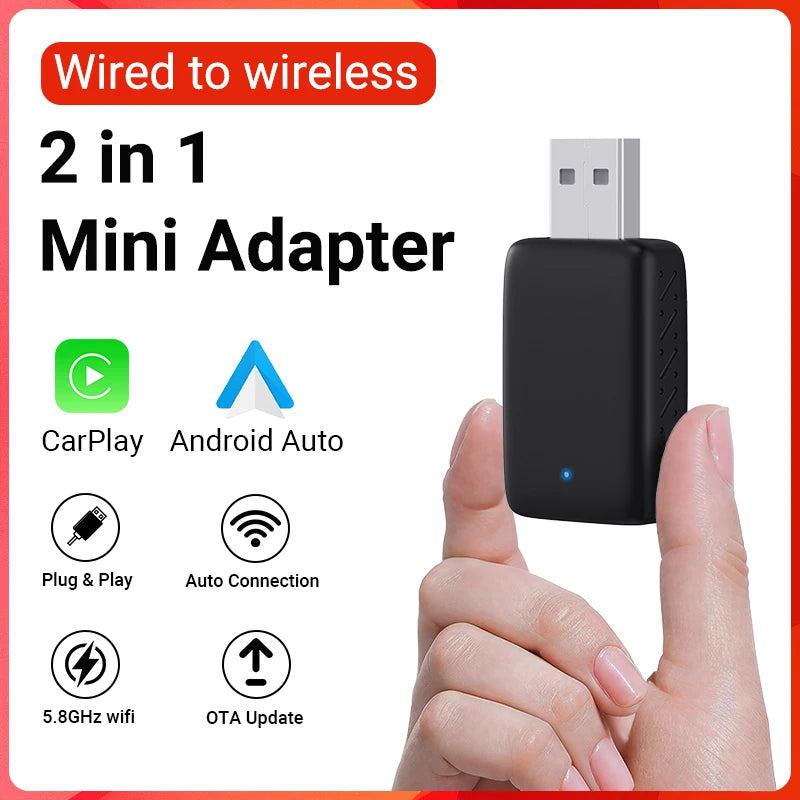 Wired to Wireless CarPlay and Android Auto 2 in 1 Mini Adapter